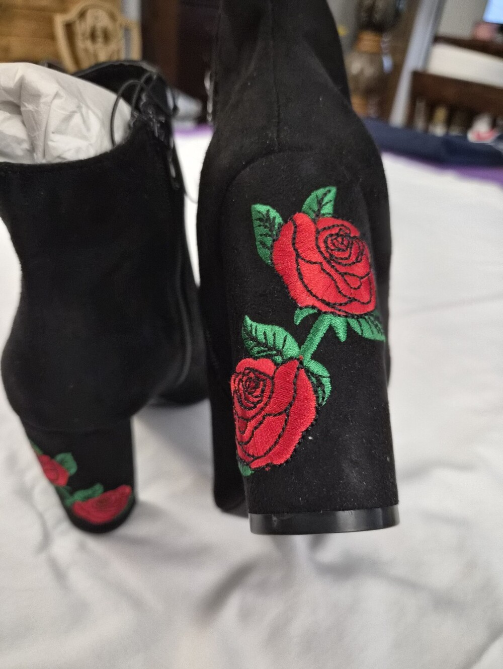 Suede Open-Toe Black with Red Rose Heel
